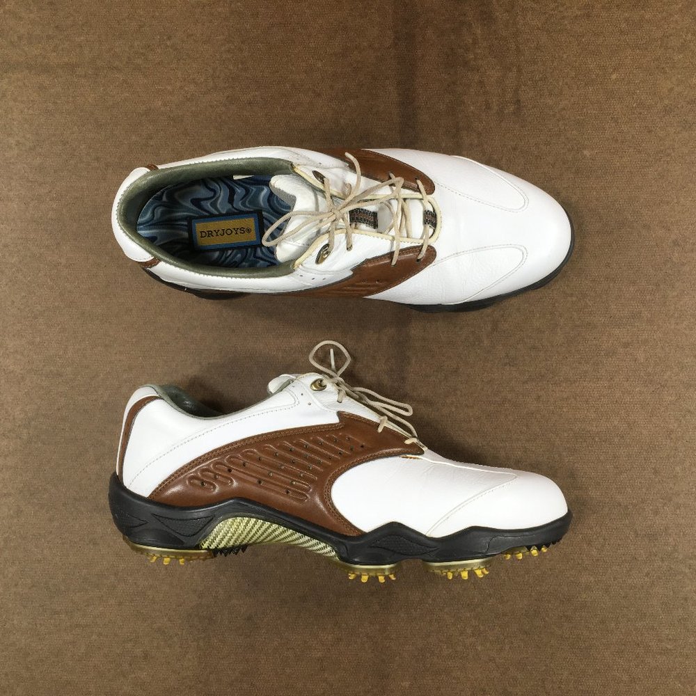 Footjoy DryJoy Golf Shoes Mens Size 9M White Brown Leather 53753 - Picture 1 of 10